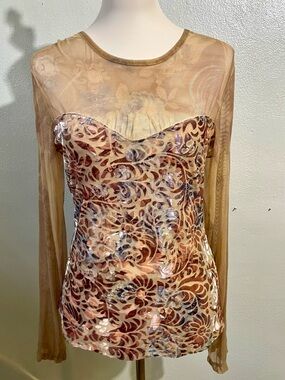 Boston Proper Tan Burnout Semi Sheer Stretch Long Sleeve Y2K Boho Glam Top Small